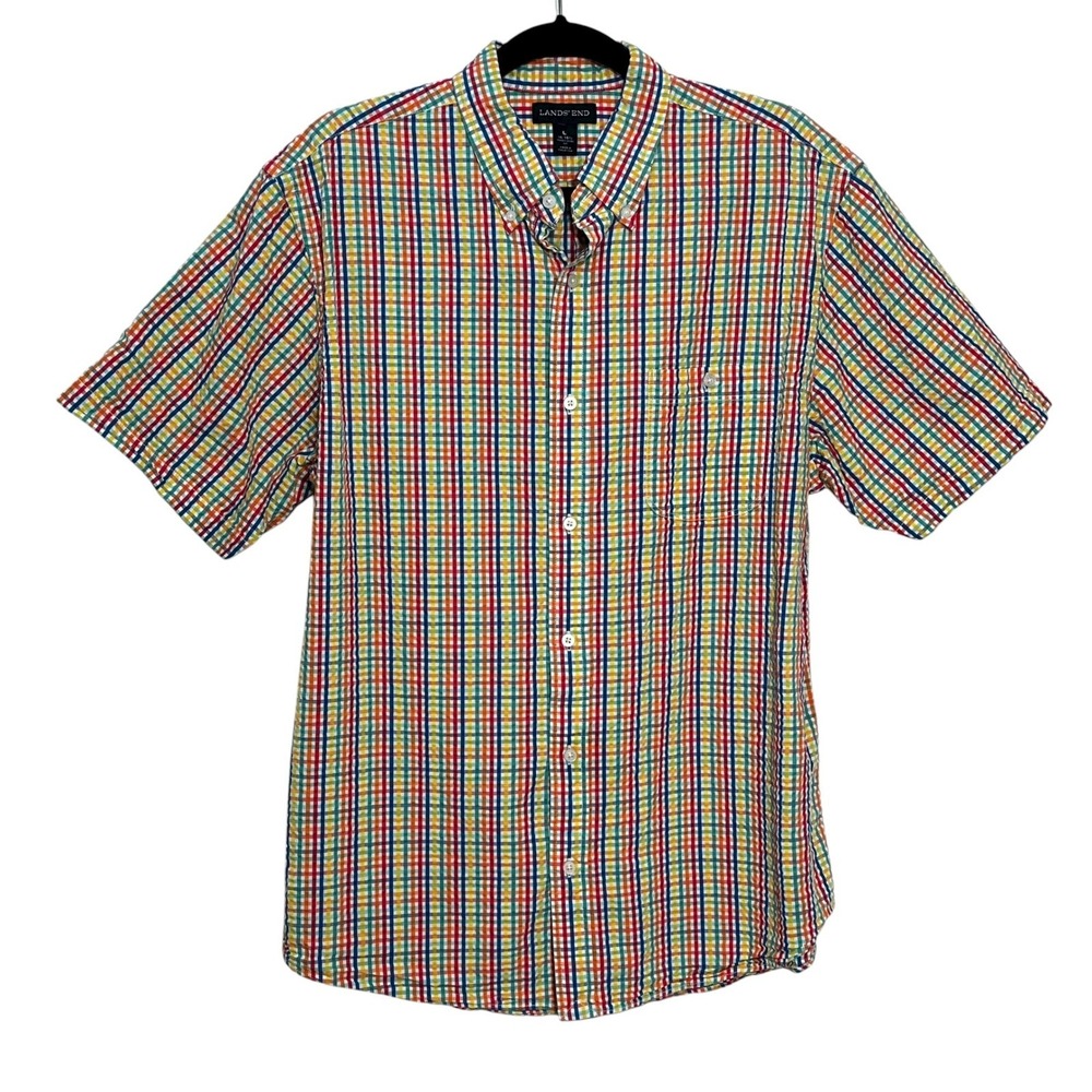 Lands' End Men's Plaid Check Short Sleeve‎ Button Down Shirt, Multi Color